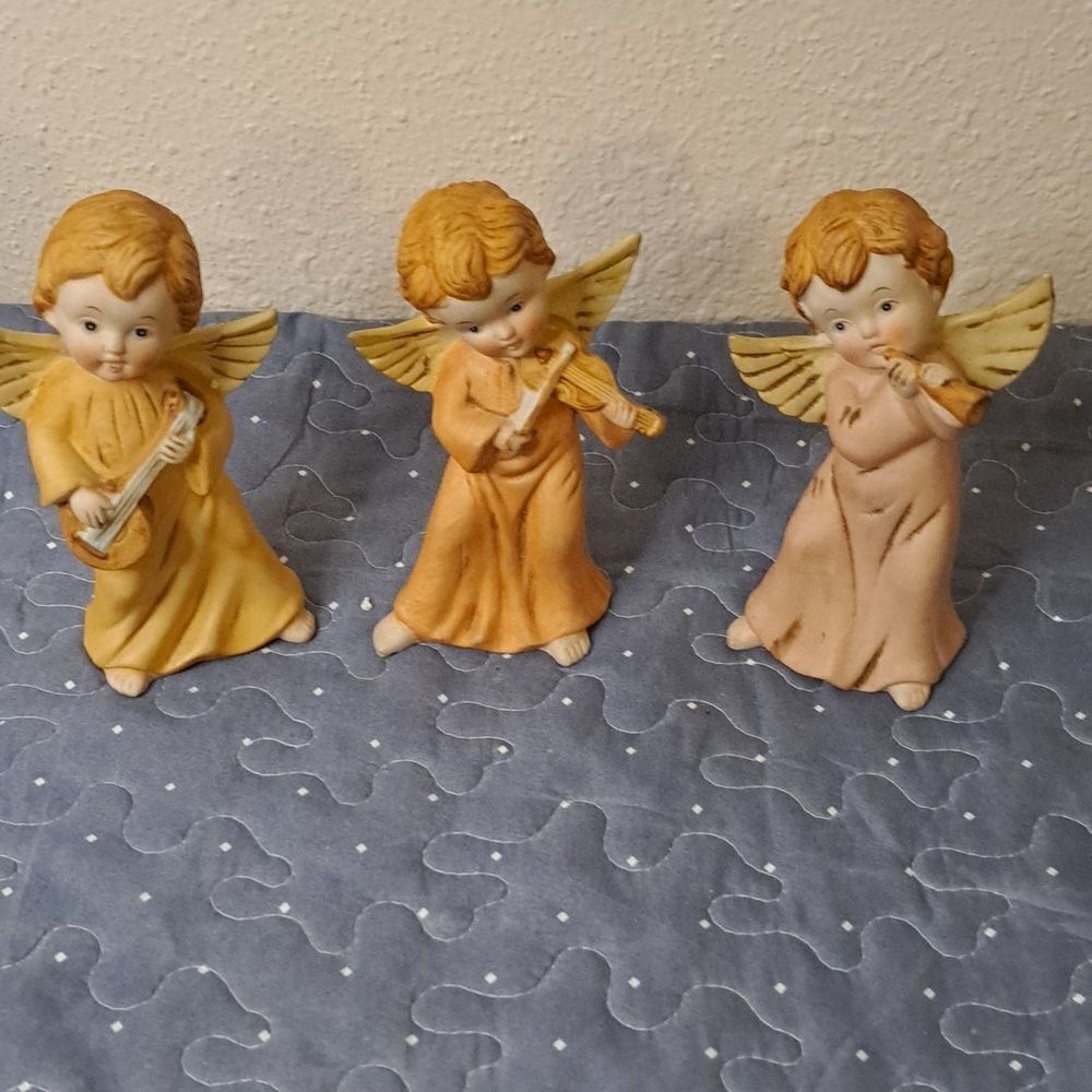 Homco Vintage Set of 3 Ceramic Angel Figurines w Musical Instruments